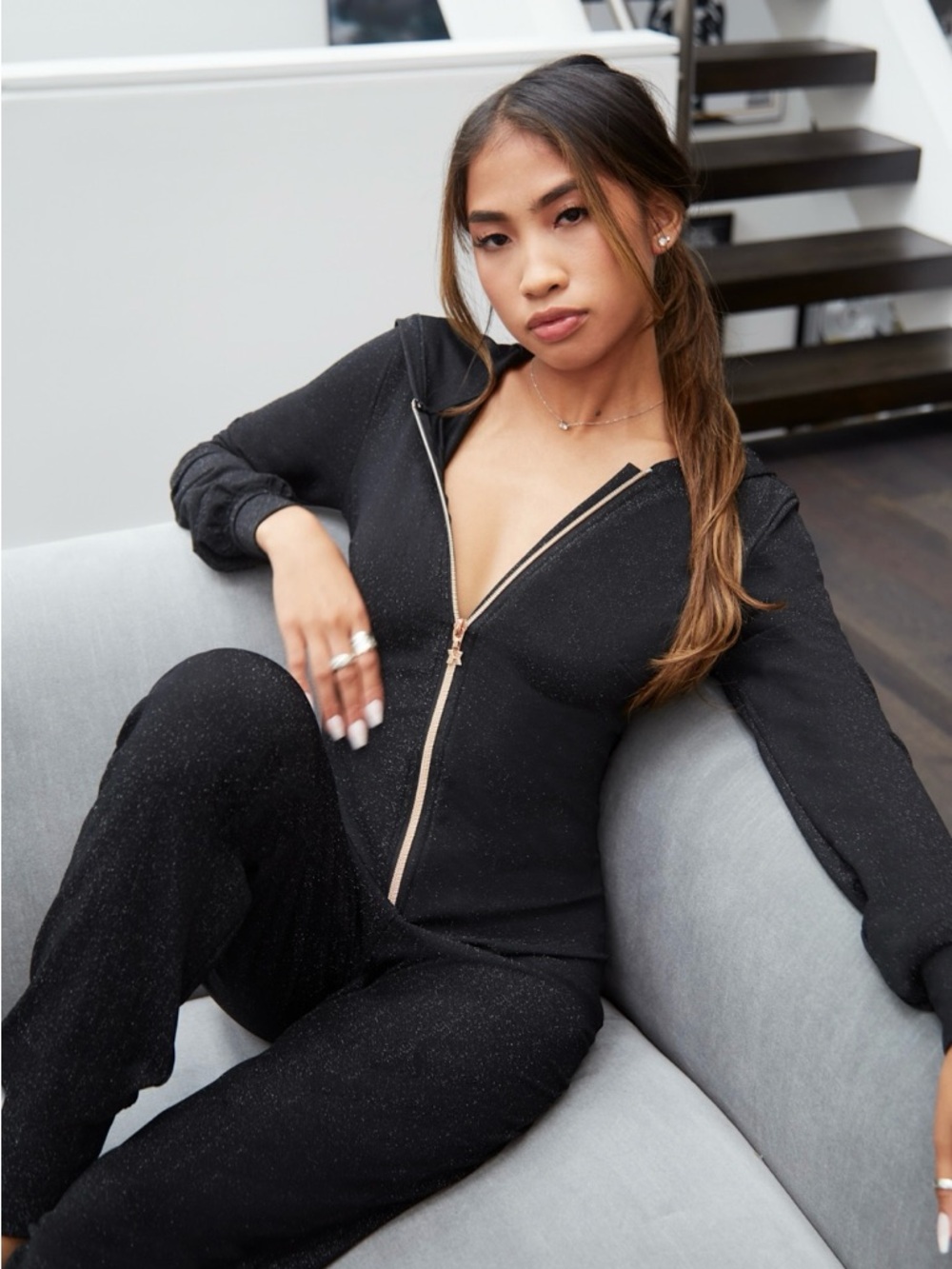 Savage X Fenty Sleep & Shine Hooded Onesie Black Glitter Jumpsuit NWT Size M